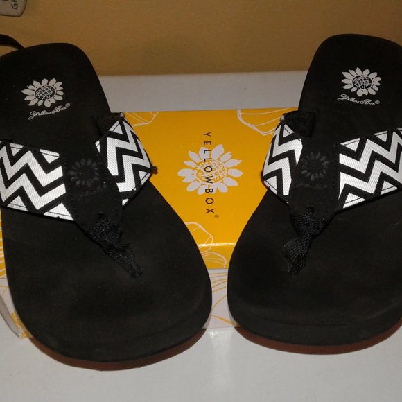 yellow box zebra flip flops